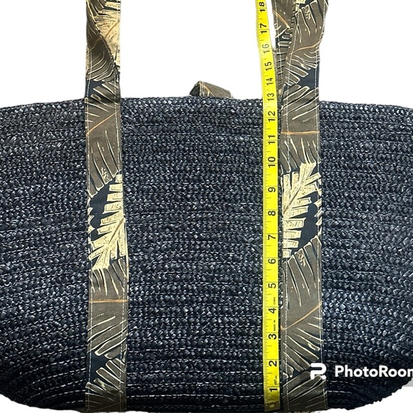 Black With Tropical Print Large Straw Beach/Summer Tote Bag - Picture 3 of 4